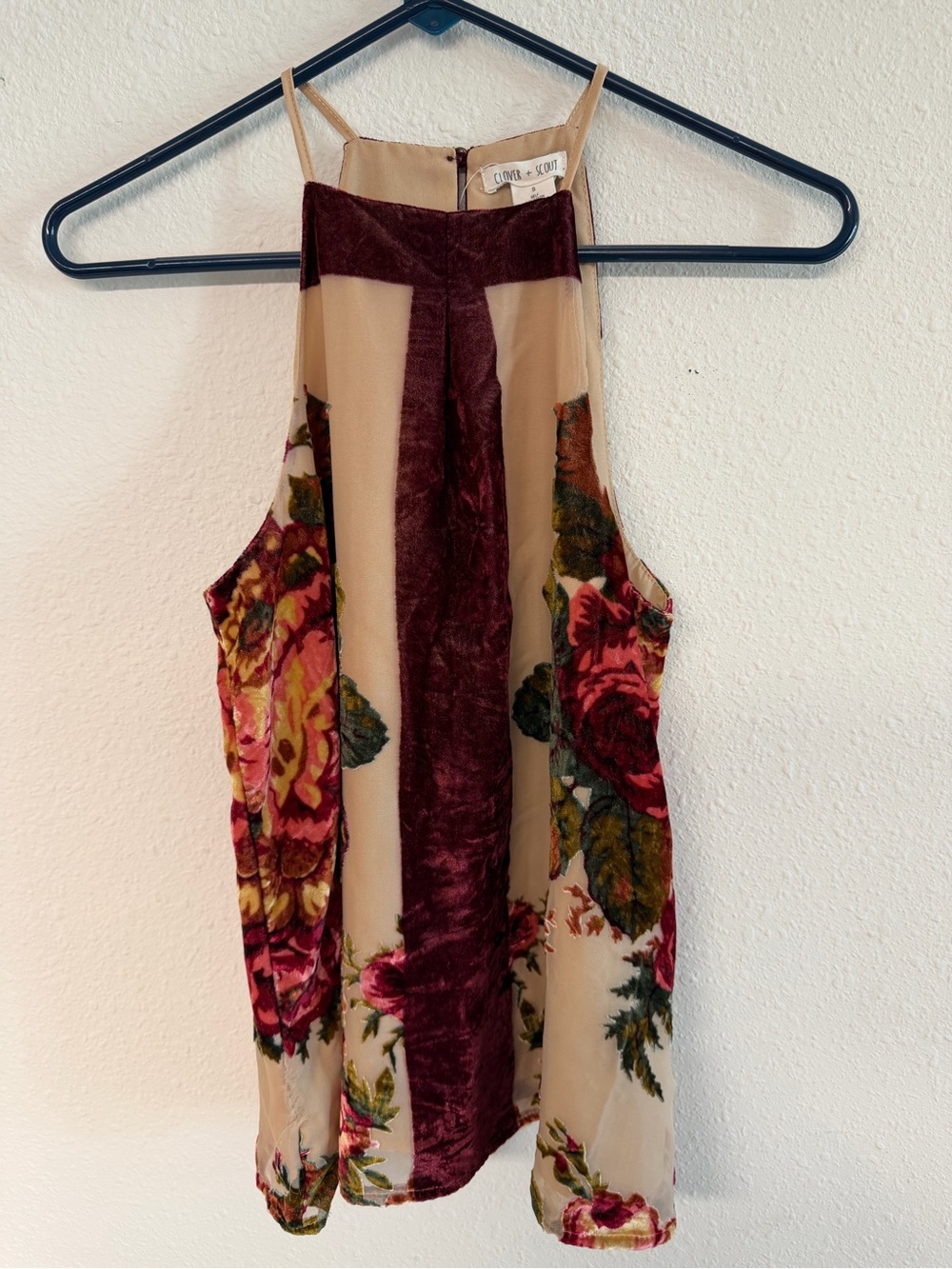 Clover + Scout Burgundy Velvet Halter Tank with Beige Trim